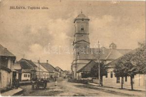 Jolsva, Jelsava; Fürdő utca, templom / Teplická ulica / street view with church (EK)