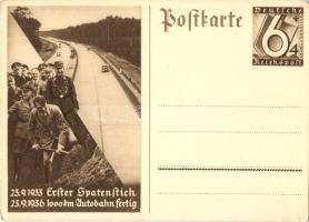 1933 Erster Spatenstich - 1936 1000 km Autobahn fertig / 1933 First Groundbreaking - 1936 1000 km highway completed. Adolf Hitler, NSDAP German Nazi Party propaganda. 6+4 Ga.  (EK)