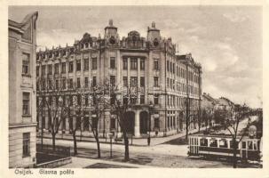 Eszék, Esseg, Osijek; Fő postahivatal, villamos / Glana posta / main post office, tram