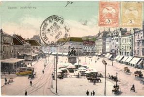 Zagreb, Zágráb; Jelacicev trg / square with market and tram, TCV card