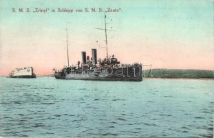 SMS Zrínyi osztrák-magyar Radetzky-osztályú pre-dreadnought csatahajó és SMS Zenta Zenta-osztályú védett cirkáló / K.u.K. Kriegsmarine. SMS Zrínyi in Schlepp von SMS Zenta; Selbstverlag Fischer's Papierhandlung / Austro-Hungarian Navy battleship and protected cruiser