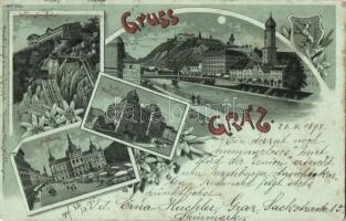 1898 Graz, Schlossbergbahn, Techn. Hochschule, Rathaus, Albrechtbrücke, Regel&Krug No. 523. / funicular, school, town hall, bridge, floral, Art Nouveau litho
