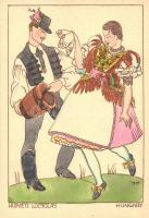 1935 Húsvéti locsolás. Magyar népviselet / Hungarian folklore art postcard s: Holló M.