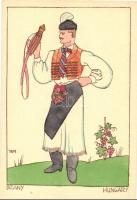 1935 Szany. Magyar népviselet / Hungarian folklore art postcard s: Holló M.