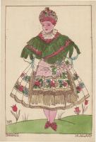 1935 Sárköz. Magyar népviselet / Hungarian folklore art postcard s: Holló M.