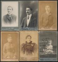 cca 1880-1890 Portrék, 6 db vizitkártya vidéki műtermekből (Nagykőrös, Szentes, Szeged, Sátoraljaújhely, stb.), 11×6,5 cm