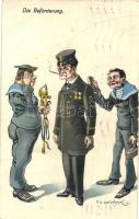 Die Beförderung / K.u.K. Kriegsmarine mariner humour art postcard. C. Fano 1914/15. 15. s: Ed. Dworak (Rb)