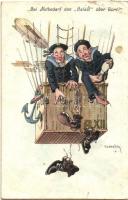 Bei Notbedarf den Balast über Bord / K.u.K. Kriegsmarine mariner humour art postcard, mariners in airship. C. Fano 1914/15. 31. s: Ed. Dworak (r)