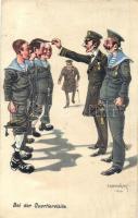 Bei der Quartiervisite / K.u.K. Kriegsmarine mariner humour art postcard. C. Fano 1914/15. 10. s: Ed. Dworak (Rb)