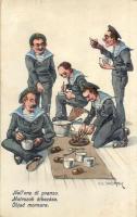 Matrózok étkezése / Objed mornara / Nellora di pranzo / K.u.K. Kriegsmarine mariner humour art postcard. C. Fano 1914/15. 6. s: Ed. Dworak (Rb)