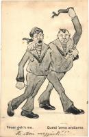 Heuer geh'n ma / Quest 'anno andiamo / K.u.K. Kriegsmarine mariner humour art postcard. G. Fano 1908. s: Ed. Dworak (wet damage)