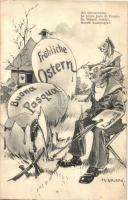 Húsvét vasárnapján / Am Ostersonntag / La prima festa di Pasqua / Na Usksnu nedelju / K.u.K. Kriegsmarine mariner humour art postcard, Easter mariner rabbits . G. Fano 5860. s: Ed. Dworak (EB)