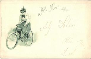 All Heil! / Lady on bicycle. Paul Süss Akt-Ges. Dresden. litho (EK)