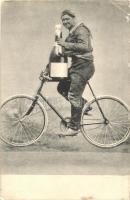 1905 New Year greeting card. Chimney sweeper on bicycle with a bottle of champagne (EK)