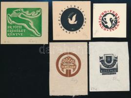 Fery Antal (1908-1944): 5 db ex libris, fametszet/klisé, papír, jelzettek, különböző méretben