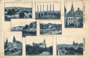 Vajdahunyad, Hunedoara; mozaiklap, vasgyár, vár, utcarészlet / multi-view: iron factory, castle, street (kopott sarkak / worn corners)