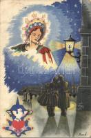 II. világháborús katonai üdvözlőlap / WWII Hungarian military greeting card, folklore s: Bozó (fa)