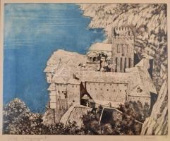 Maurer Dóra (1937-): Görög tengerpart, papír, színezett rézkarc, jelzett, paszpartuban, üvegezett fa keretben, 33,5x27 cm.
