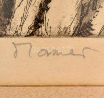 Maurer Dóra (1937-): Görög tengerpart, papír, színezett rézkarc, jelzett, paszpartuban, üvegezett fa...