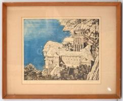 Maurer Dóra (1937-): Görög tengerpart, papír, színezett rézkarc, jelzett, paszpartuban, üvegezett fa...