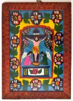 Kálvária, kézzel festett erdélyi üvegikon. Kopásokkal 40x27 cm