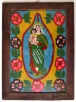 Mária és Jézus, kézzel festett erdélyi üvegikon. Kopásokkal 40x30 cm