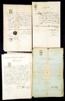 1855-1857 8 db régi irat, igazolások, stb., 15 és 6 kr CM okmánybélyegekkel, némelyik viaszpecséttel