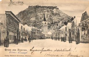 1903 Barcarozsnyó, Rozsnyó, Rasnov, Rosenau; utcakép a várral télen. Heinrich Schweitzer kiadása / street view with the castle in the background in winter time (EM)