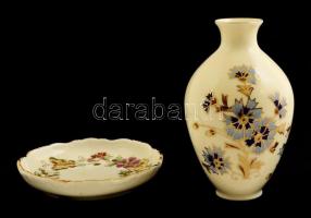 Zsolnay búzavirág mintás váza és pillangó mintás tálka, kézzel festett, jelzett, hibátlan, m:14 cm, d:12 cm