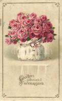 Szívélyes üdvözlet névnapjára / Nameday greeting postcard, roses, litho (kopott sarkak / worn corners)