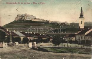 Szepesváralja, Spisské Podhradie; Platz und Kirche, Zipser Schloss / Spissky Hrad / Tér és templom, szepesi vár / square, church, castle ruins (EB)