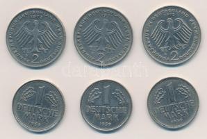 NSZK 1950. 1M Cu-Ni (2x) "F" és "G" verdejel + 1969J 1M Cu-Ni + 2M Cu-Ni "D...