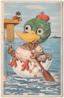 Fishing duck, with plastic eyes, Danish art postcard, Rudolf Olsen-Kunstforlag, s: Mickaelis (EK)