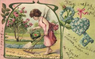 Angel watering the flowers, greeting postcard, Emb. litho