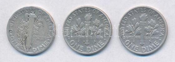 Amerikai Egyesült Államok 1945D 1d Ag "Mercury" + 1959D 1d Ag + 1963-1d Ag "Rossevelt...