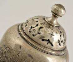 Ezüst ( Ag.) monogramos cukorszóró, jelzett, mesterjeggyel, nem nyitható, horpadással, m: 15 cm, net...