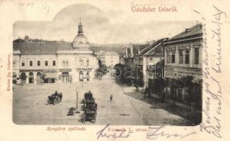 1903 Dés, Dej; tér, Hungária szálloda, Kossuth Lajos utca, Klein Ignátz, Rehák Ágoston, Bakó Mihály és Fesztinger Sámuel üzlete / square, street, hotel, shops (fa)