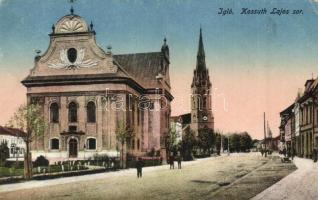 Igló, Zipser Neudorf, Spisská Nová Ves; Kossuth Lajos sor, Városháza, Evangélikus templom, Római katolikus templom / street view, town hall, Lutheran church, Catholic church (kis szakadás / small tear)