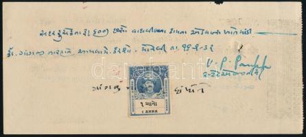 cca 1943 India, Mowri állam csekk, 1A illetékbélyeggel / India cheque with document stamp