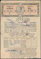 cca 1943 India, adóív 2 Annás illetékbélyeggel / India tax sheet with document stamp