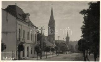 Petrozsény, Petrosani; utcakép, templomok / street view with churches. photo