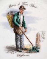 Apilco francia porcelán dísztányér, matricás, jelzett, jelzett (Périgord) ón kerettel, kis kopásokka...