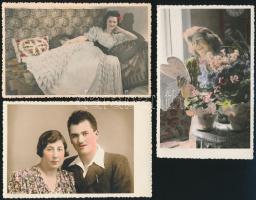 cca 1940 Kézzel színezett, 3 db vintage fotó, 8,5x13,5 cm