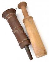 Régi kézi kolbásztöltő, fa-fém, h: 51,5 cm