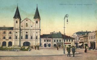 Zsolna, Sillein, Zilina; Főtér az árvaházi templommal, Tatár József üzlete / main square, church, shops (EK)