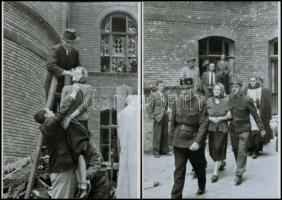 1945 Budapest, háborús bűnös nyilvános kivégzése a börtön udvarán, 5 db vintage negatívról készült mai nagyítás, 25x18 cm