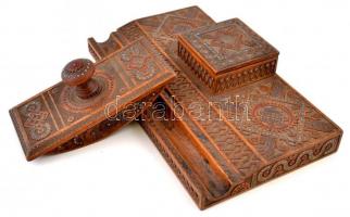 Díszes, gyöngy berakásos fa íróasztali szett: vonalzó, tapper, tintatartó (üveg nélkül), jó állapotb...