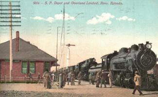 1921 Reno (Nevada), S.P. Depot and Overland Limited, locomotive at the railway station (EK)