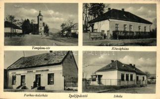 Ipolypásztó, Pásztó, Pastovce; Templom tér, Református templom, Községháza, Iskola, Farkas üzletház. Farkas Lászlóné saját kiadása / Calvinist church, square, town hall, school, publishers shop (Rb)