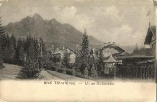 Alsótátrafüred, Bad Schmecks, Unterschmecks, Dolny Smokovec (Magas Tátra); Látkép, villák, sötétben világító levelezőlap, kiadja Kertész Tódor / general view, villas (kopott sarkak / worn corners)